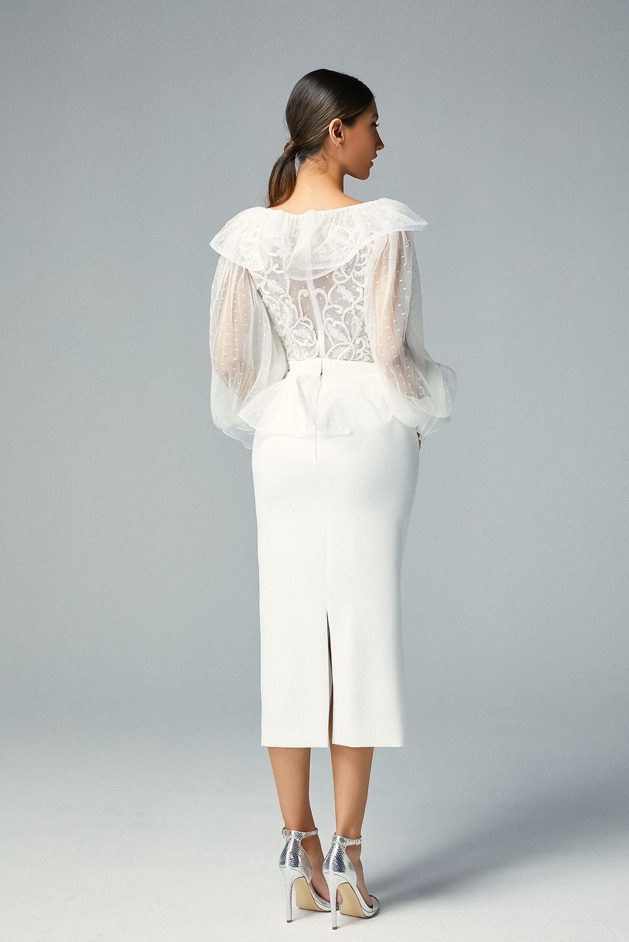 Load image into Gallery viewer, Embroidered White Corset Top Sequined Motifs, Peplum White Crepe Column Midi Skirt
