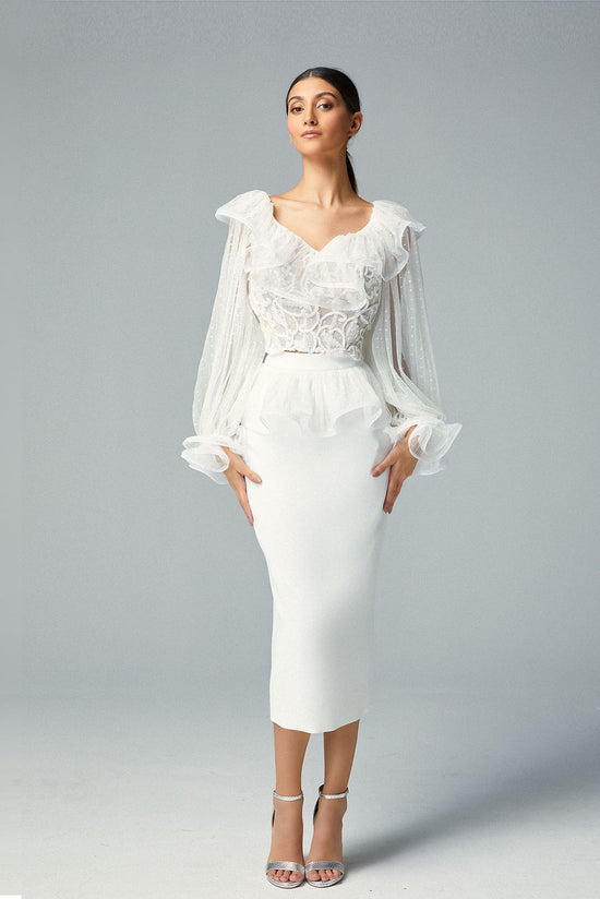 Embroidered White Corset Top Sequined Motifs, Peplum White Crepe Column Midi Skirt
