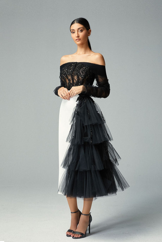 Off-shoulder Embroidered Floral Corset & white crepe and ruffled sequined black Column Midi Skirt