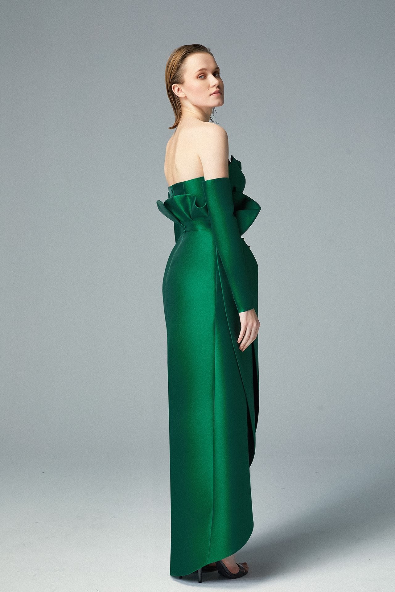 Load image into Gallery viewer, One Shoulder Cady Teal Green Column Dress Side-draped Handmade Stalk Gold Embroidery
