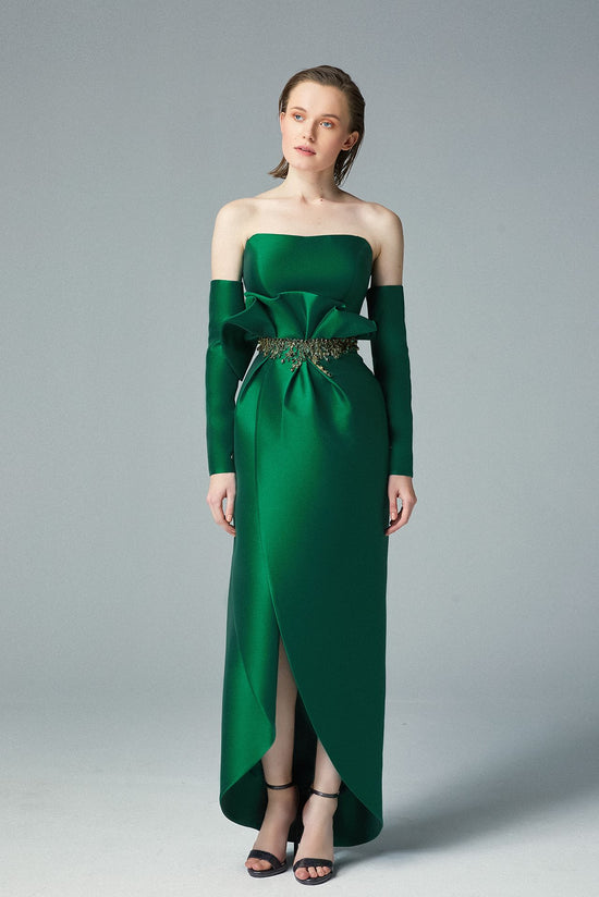 Load image into Gallery viewer, One Shoulder Cady Teal Green Column Dress Side-draped Handmade Stalk Gold Embroidery
