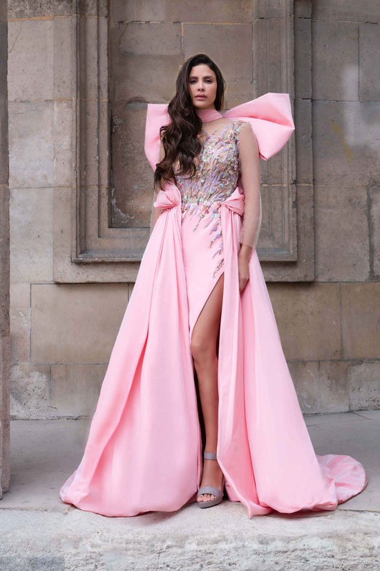 Modest Pink Satin Off-the-shoulder Formal Dress - Promfy