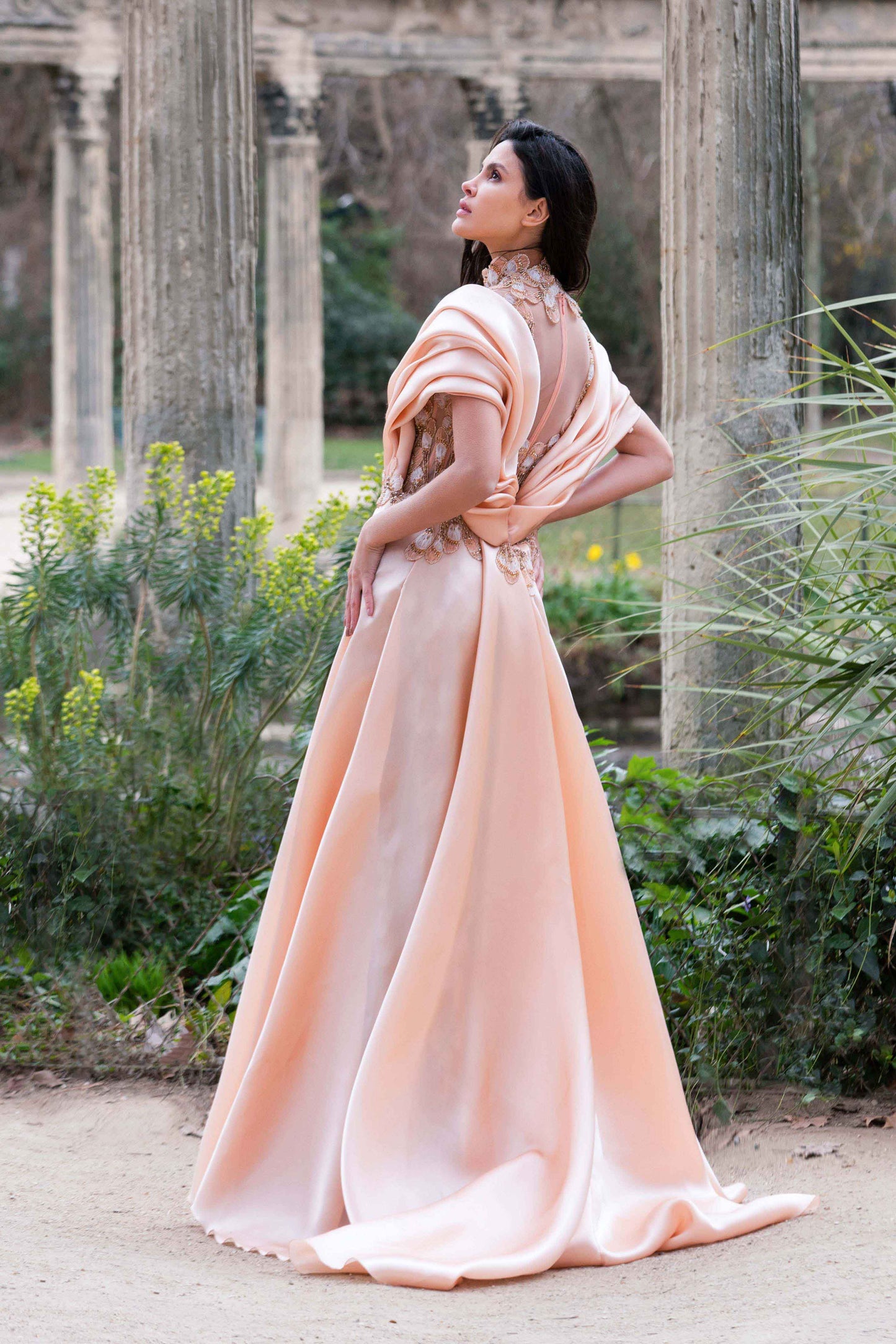 Peach Evening Dress with Handmade Floral Embroidery and Triple