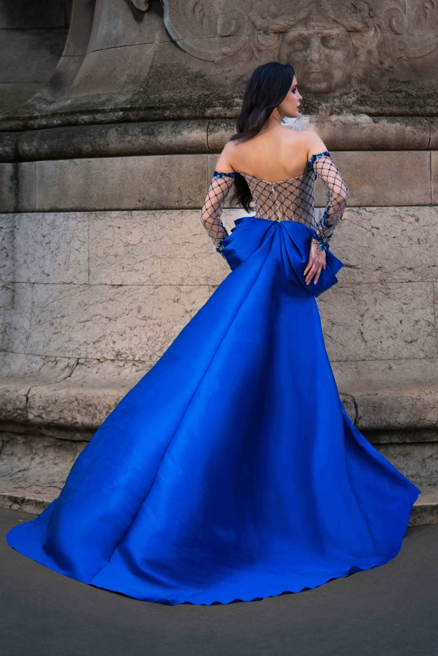 Blue Tulle Off Shoulder Beads Long Prom Dress, Blue Tulle Formal Dress –  shopluu