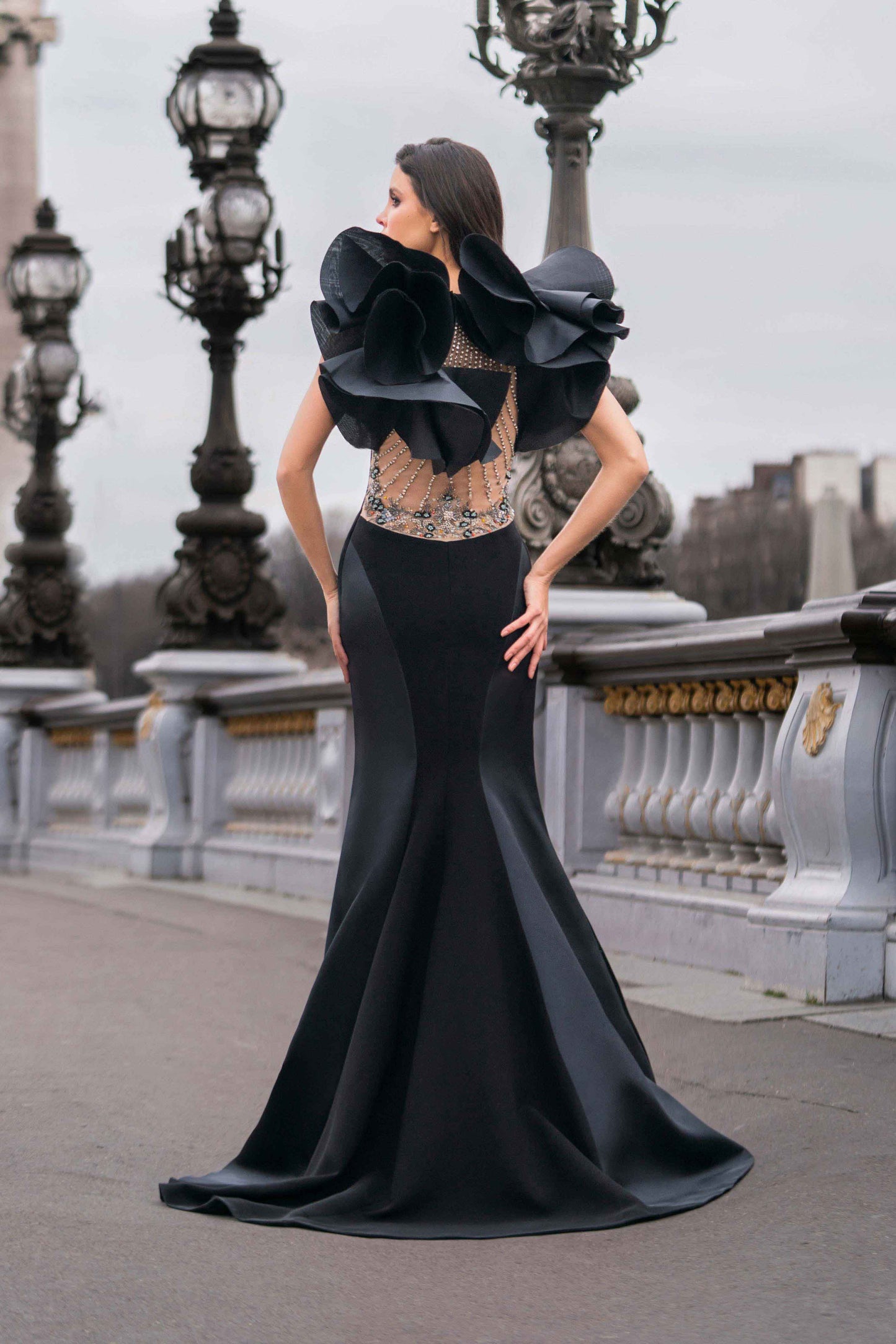 Black Crepe Dress with Organza Flowers and Swarovski Embroidery Gattinolli by Marwan Black Crepe Dress with Organza Flowers and Swarovski Embroidery Gattinolli by Marwan