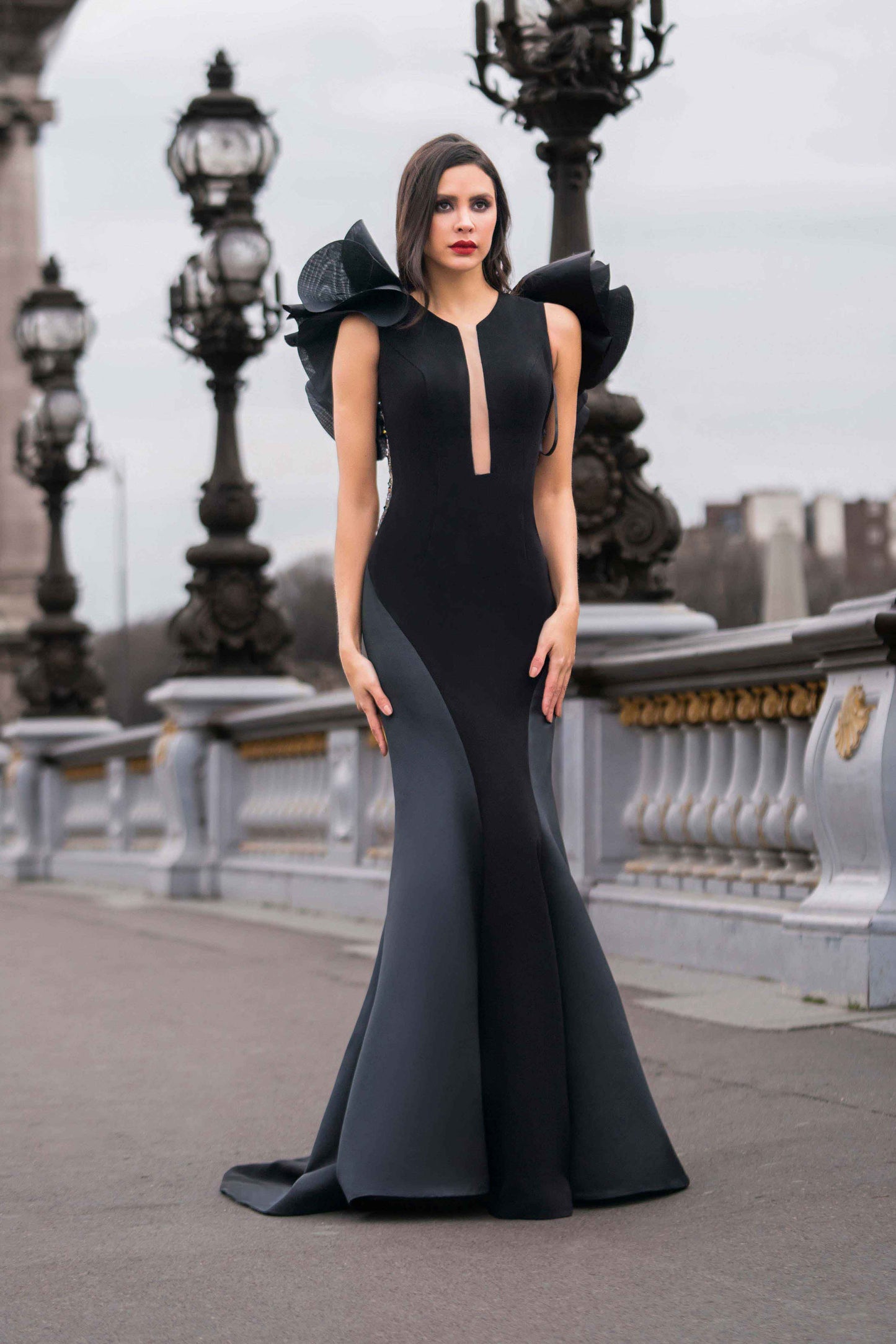 Black Crepe Dress with Organza Flowers and Swarovski Embroidery Gattinolli by Marwan Black Crepe Dress with Organza Flowers and Swarovski Embroidery Gattinolli by Marwan